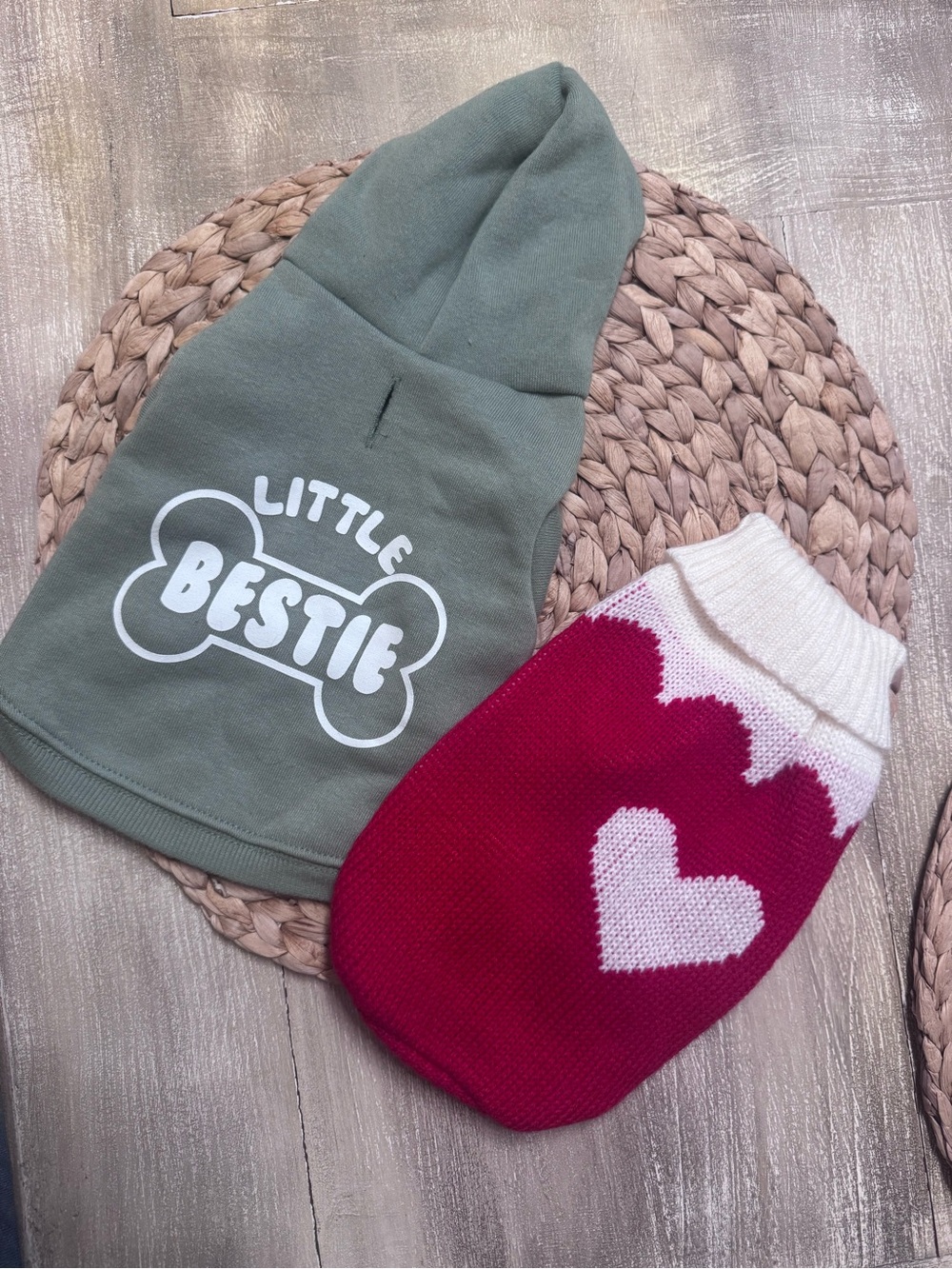 Green "Little Bestie" Dog Hoodie + Red and Whte Heart Knit Sweater